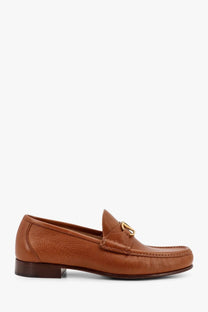 Tan leather valentino men’s vlogo loafer with gold-tone horsebit buckle perfect for stylish casual wear
