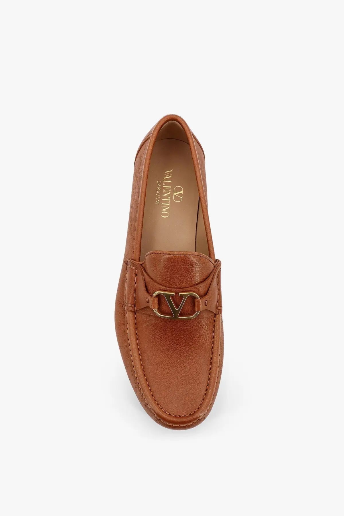 Tan leather valentino men’s vlogo loafer with gold-tone v-logo buckle showcasing classic dress shoe style
