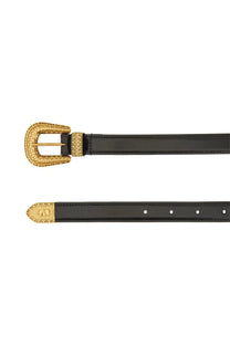 Valentino men’s vlogo signature black leather belt with gold toned engraved buckle and matching end tip