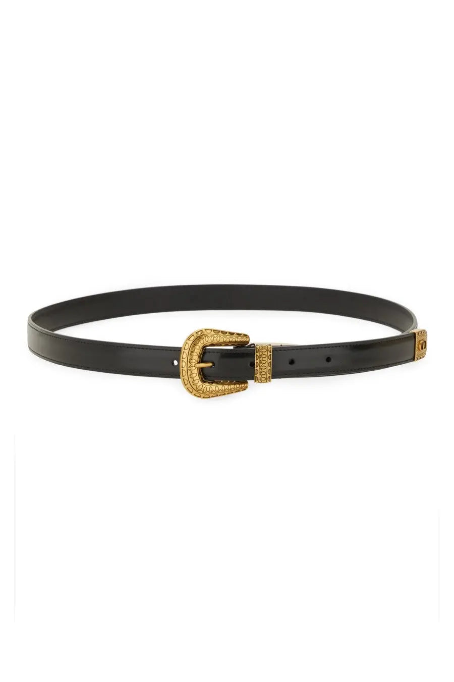 Valentino men’s vlogo signature black leather belt with gold-toned textured buckle and matching end tab