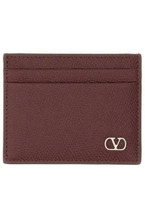 Valentino men’s vlogo signature card holder in red burgundy leather with textured surface and silver valentino logo emblem
