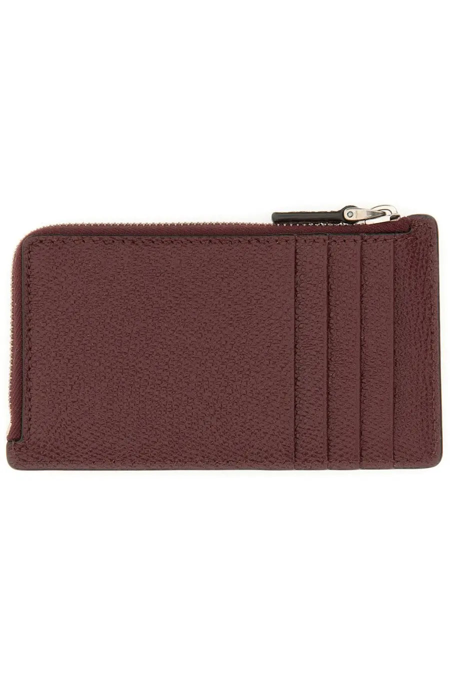 Valentino men’s Vlogo signature coin purse in burgundy textured leather with vertical card slots and silver zipper pull
