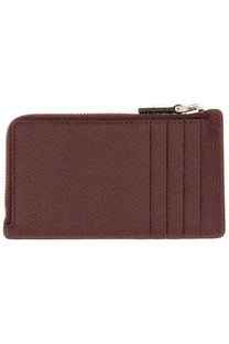 Valentino men’s Vlogo signature coin purse in burgundy textured leather with vertical card slots and silver zipper pull