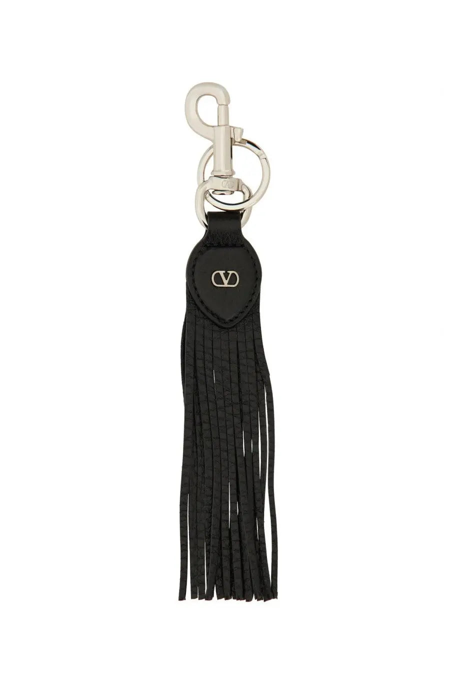 Valentino men’s vlogo signature keychain black leather with silver-tone metal clasp and logo plaque tassel design
