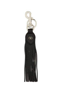 Valentino men’s vlogo signature keychain black leather with silver-tone metal clasp and logo plaque tassel design