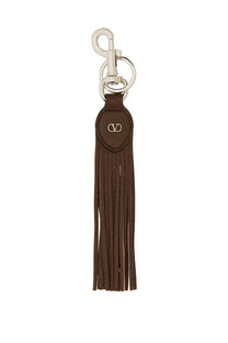 Valentino men’s vlogo signature keychain in brown leather with tassel and silver-tone metal clasp embossed logo