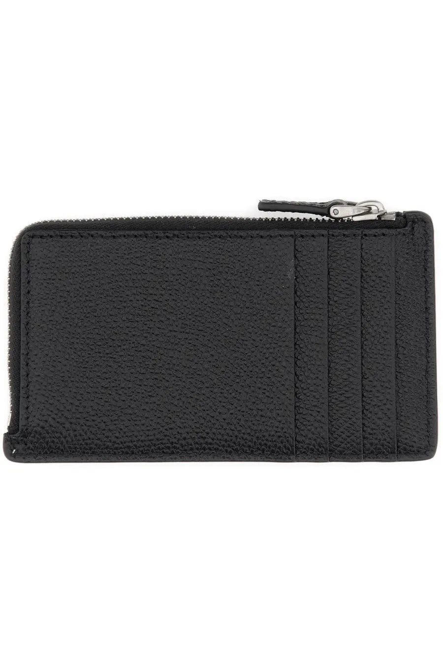 Black textured leather zippered card holder with vertical stitched compartments from Valentino men’s Vlogo signature collection