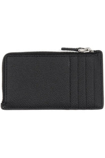 Black textured leather zippered card holder with vertical stitched compartments from Valentino men’s Vlogo signature collection