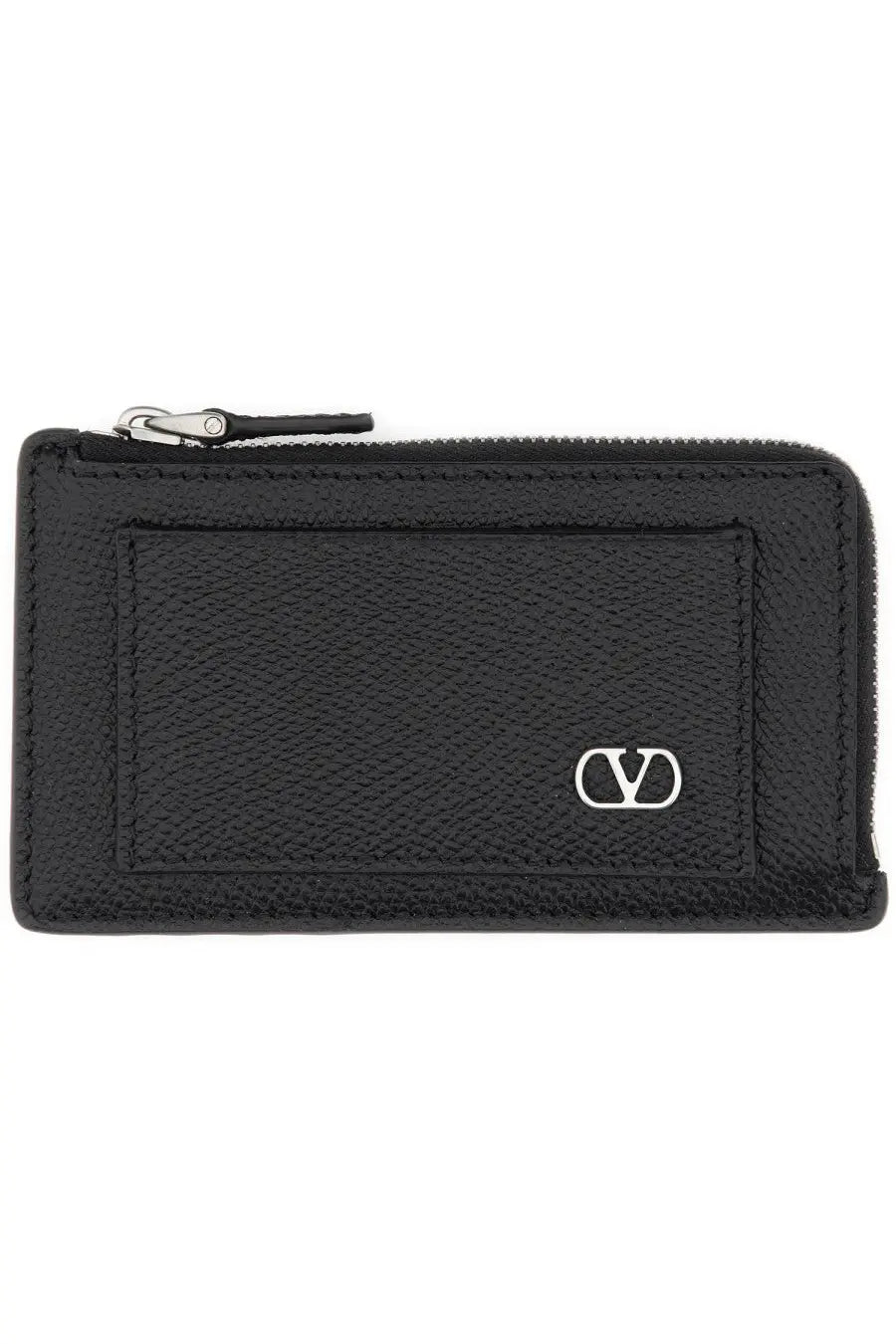 Black textured leather zippered card case with silver-tone Valentino logo emblem from Valentino men’s Vlogo collection