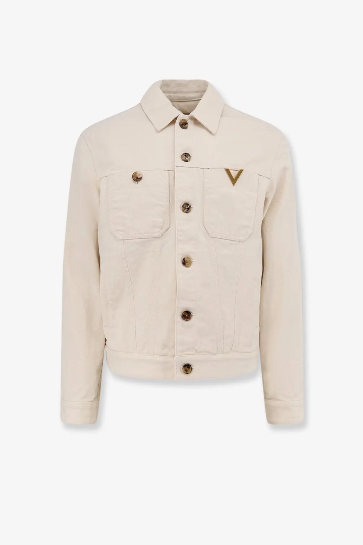 Valentino men’s white denim jacket featuring gold-tone buttons and a triangular logo on the left chest pocket
