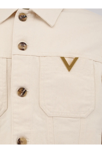 Valentino men’s cream-colored white denim jacket with gold-tone buttons and v-shaped metal logo on chest pocket