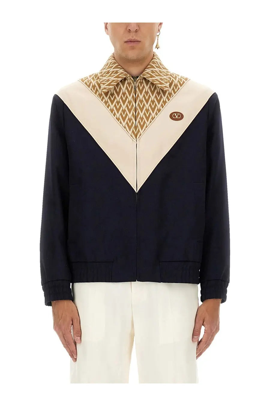 Valentino men’s wool bomber jacket in navy blue and cream with geometric patterned collar and Valentino logo
