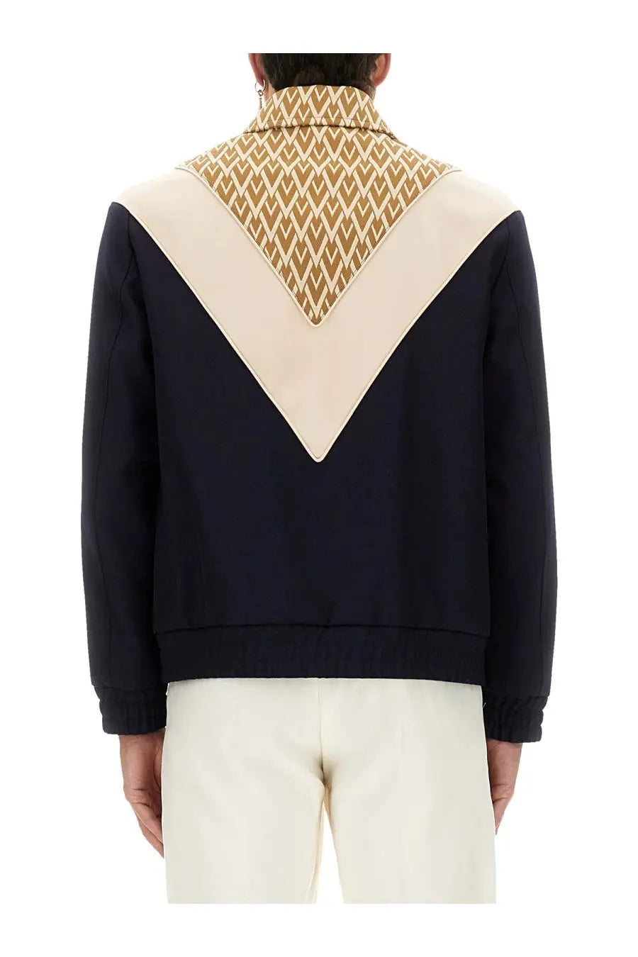 Valentino men’s wool bomber jacket multicolor with navy blue body cream v-shaped panel and gold geometric collar fabric
