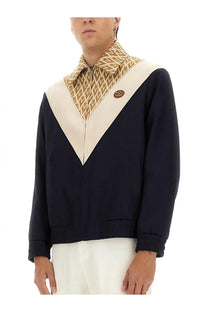 Valentino men’s wool bomber jacket navy blue and cream zip-up with geometric patterned collar