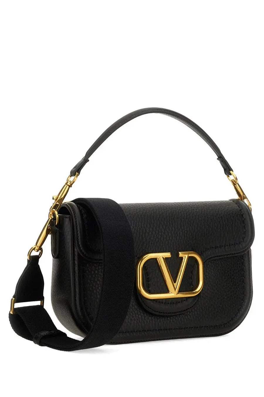 Valentino women’s alltime shoulder bag in black leather with gold-tone rockstud hardware and signature logo clasp