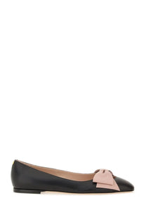 Black leather ballet flat with blush pink bow at the toe from valentino womens ballerina bowow black collection
