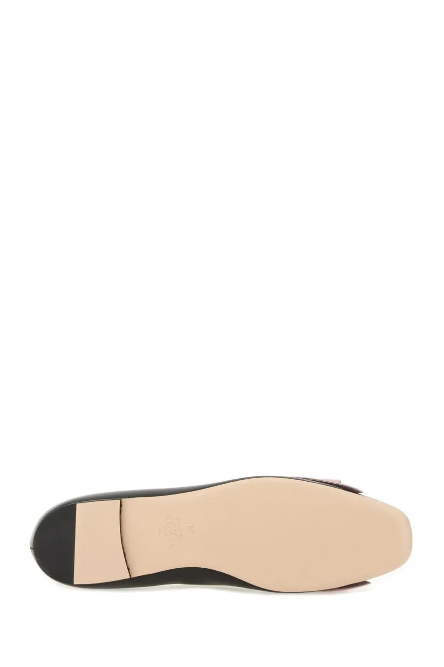 Valentino women’s ballerina bowow black leather flat shoe with beige rubber sole and small rectangular heel tab back view