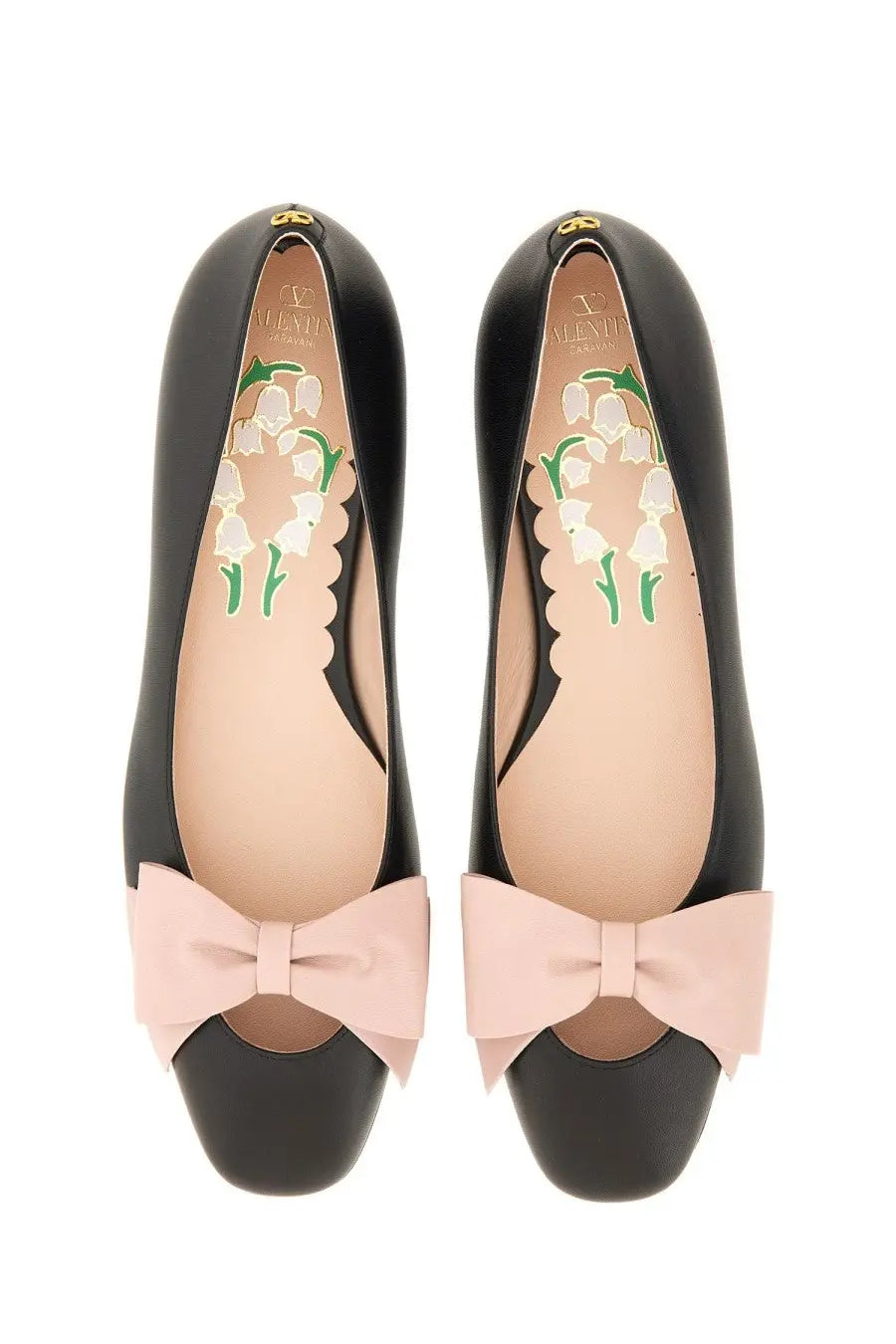 Valentino women’s ballerina bowow black leather pump with blush pink satin bow and lily-of-the-valley embroidered insole