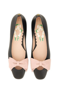 Valentino women’s ballerina bowow black leather pump with blush pink satin bow and lily-of-the-valley embroidered insole