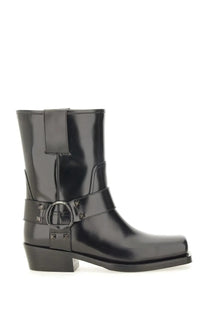Valentino women’s black patent leather ankle boot with square toe low block heel and decorative rockstud buckle strap