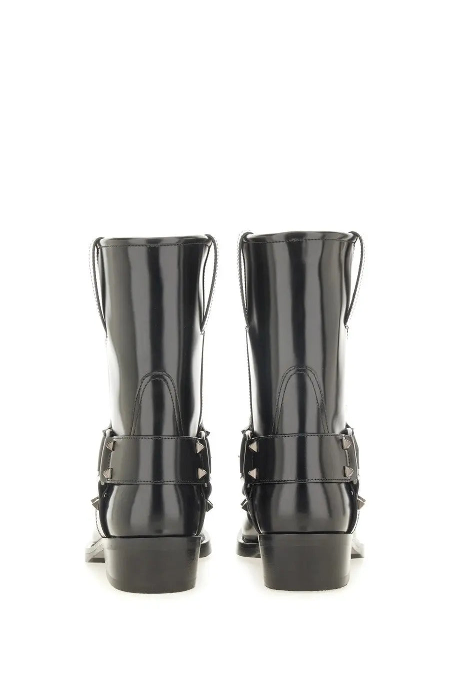 Valentino women’s black patent leather ankle boots with silver buckle straps and studded detailing