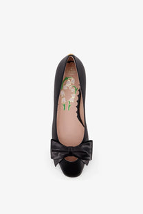 Valentino women’s black leather ballet flat with satin bow and lily-of-the-valley embroidered insole
