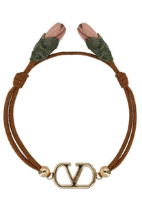 Valentino women’s brown cord bracelet with gold-tone logo charm and pink tulip charms with green leaf accents
