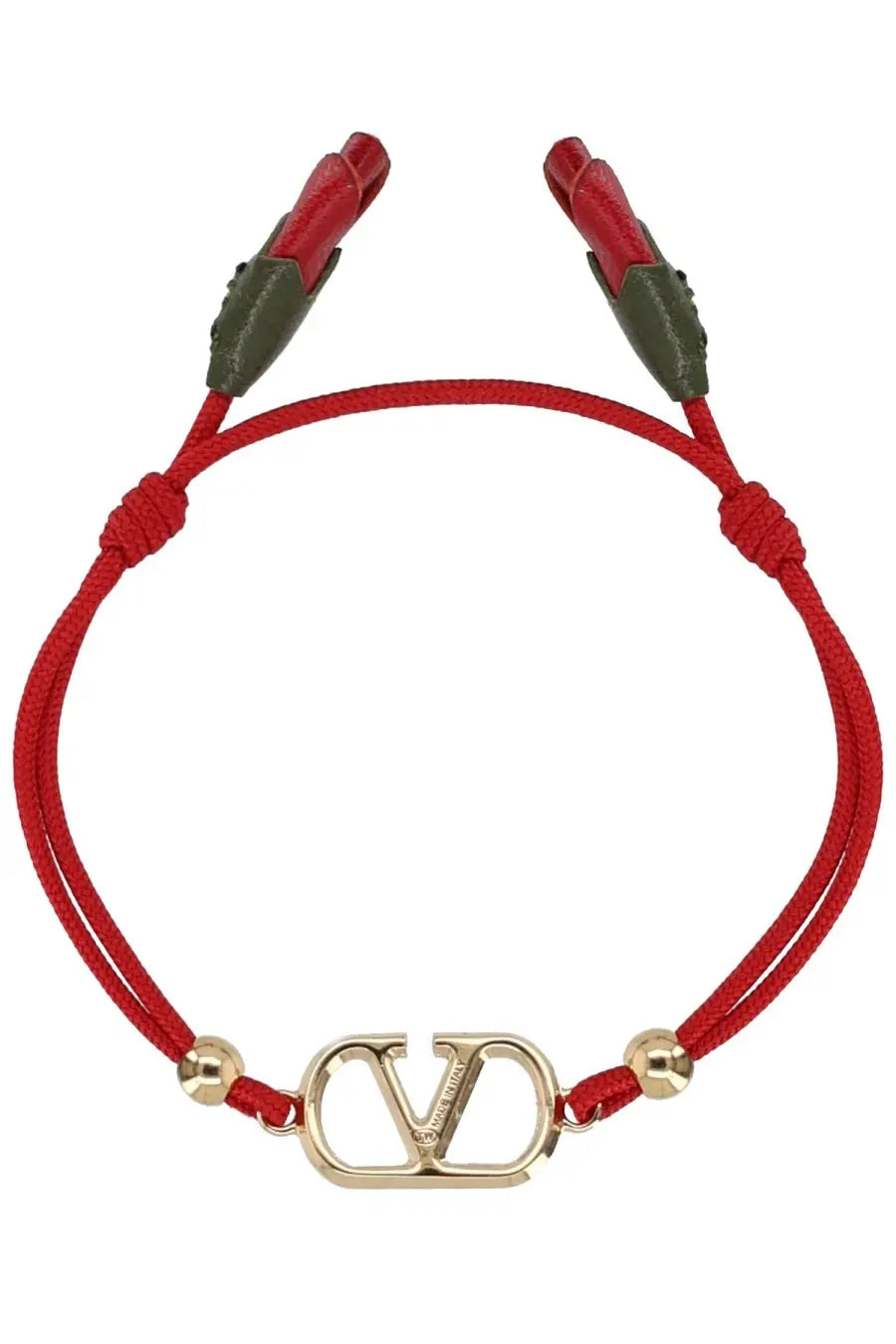 Valentino women’s bracciale vlogo signature red cord bracelet with gold-tone vlogo charm and olive green leather clasp ends