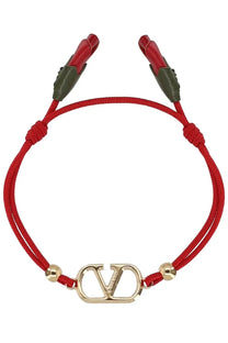 Valentino women’s bracciale vlogo signature red cord bracelet with gold-tone vlogo charm and olive green leather clasp ends