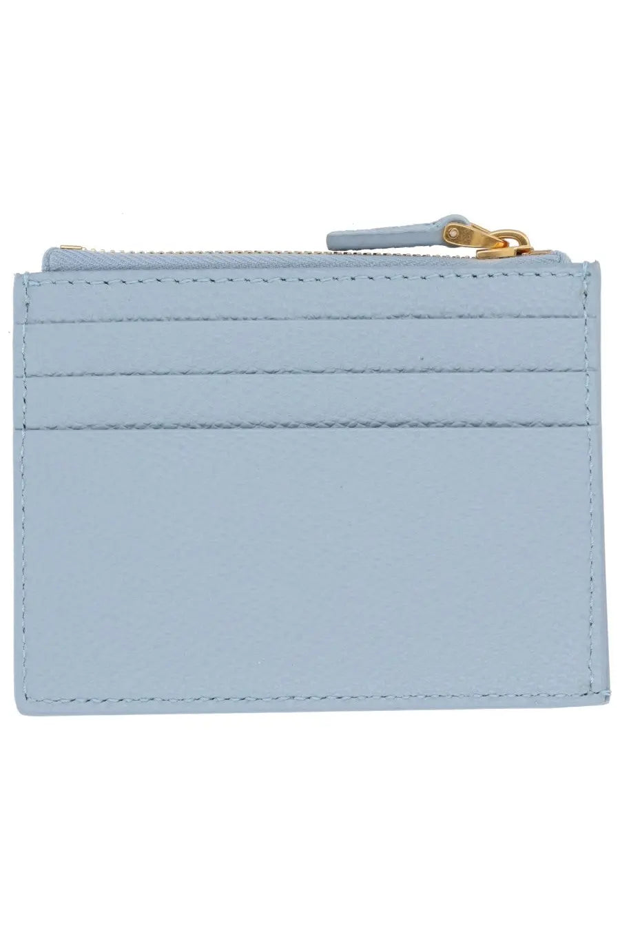 Valentino women’s cherryfic coin purse in light blue leather with gold-tone zipper pull and stitched horizontal lines
