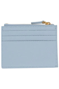 Valentino women’s cherryfic coin purse in light blue leather with gold-tone zipper pull and stitched horizontal lines