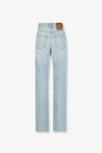 Light-wash cotton denim jeans for women with straight-leg cut and brown leather brand patch on waistband by Valentino