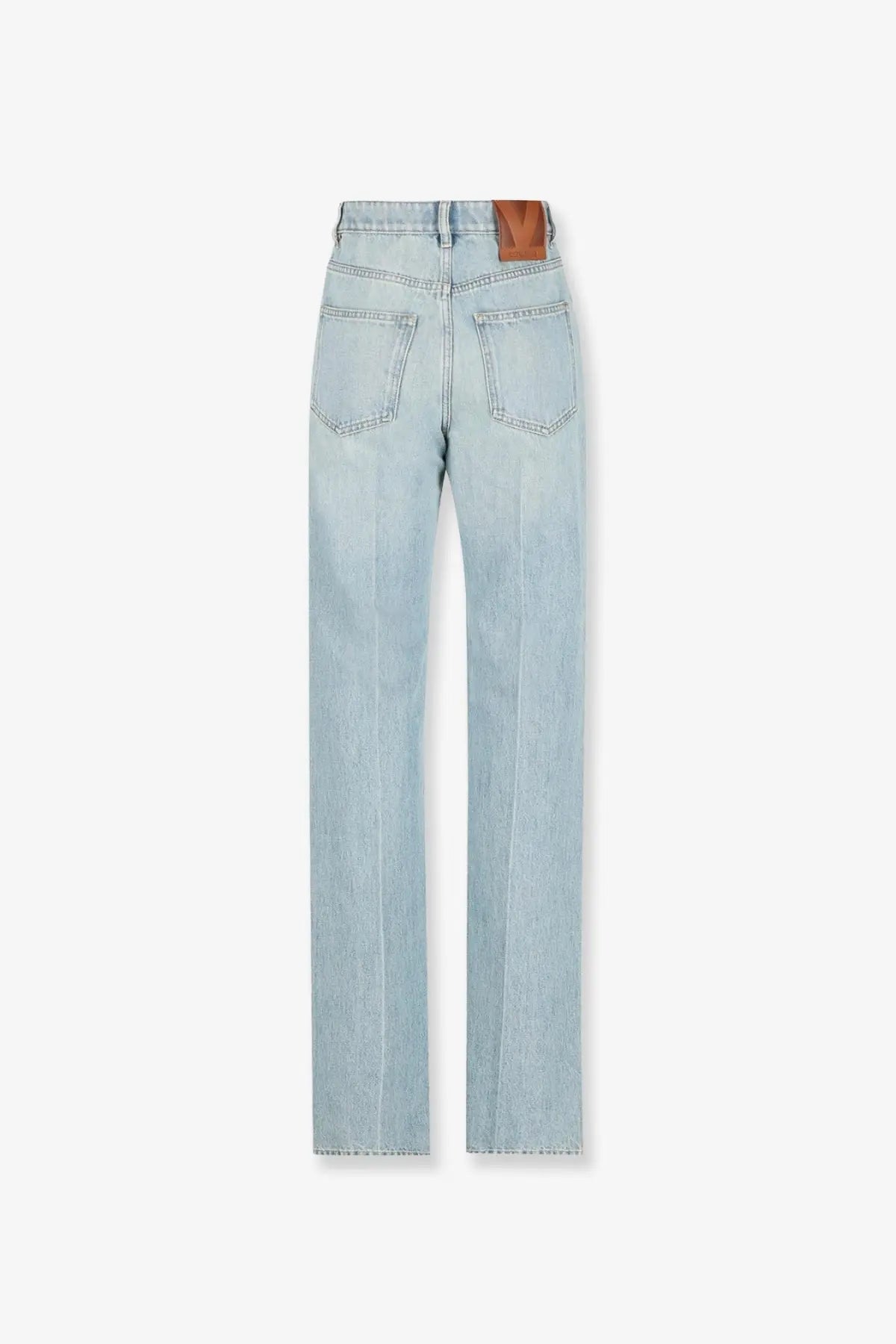 Valentino women’s chez valentino light-wash cotton denim jeans with straight-leg cut and brown leather waistband patch
