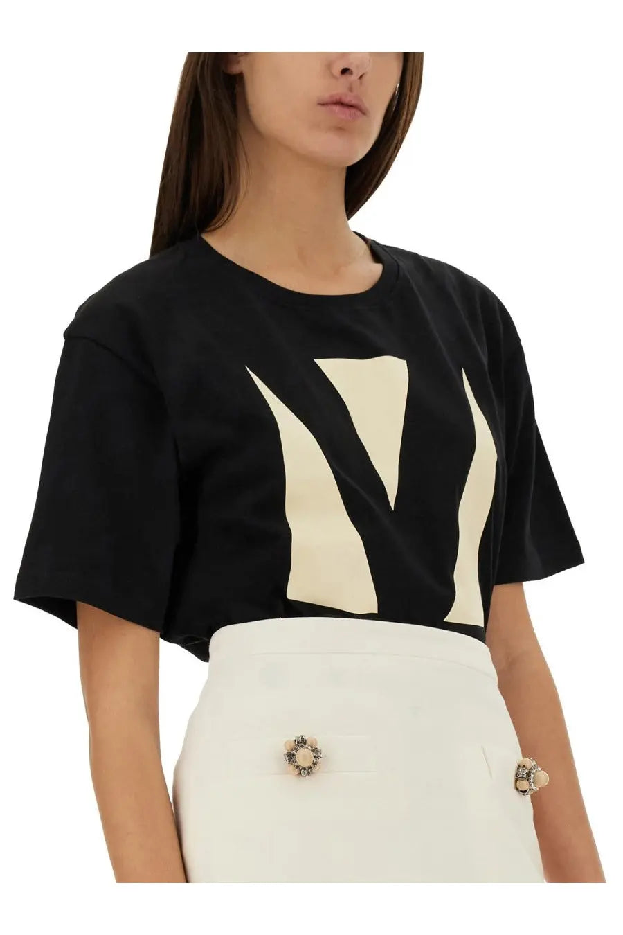 Valentino womens black short-sleeved t-shirt with bold cream geometric print across the chest