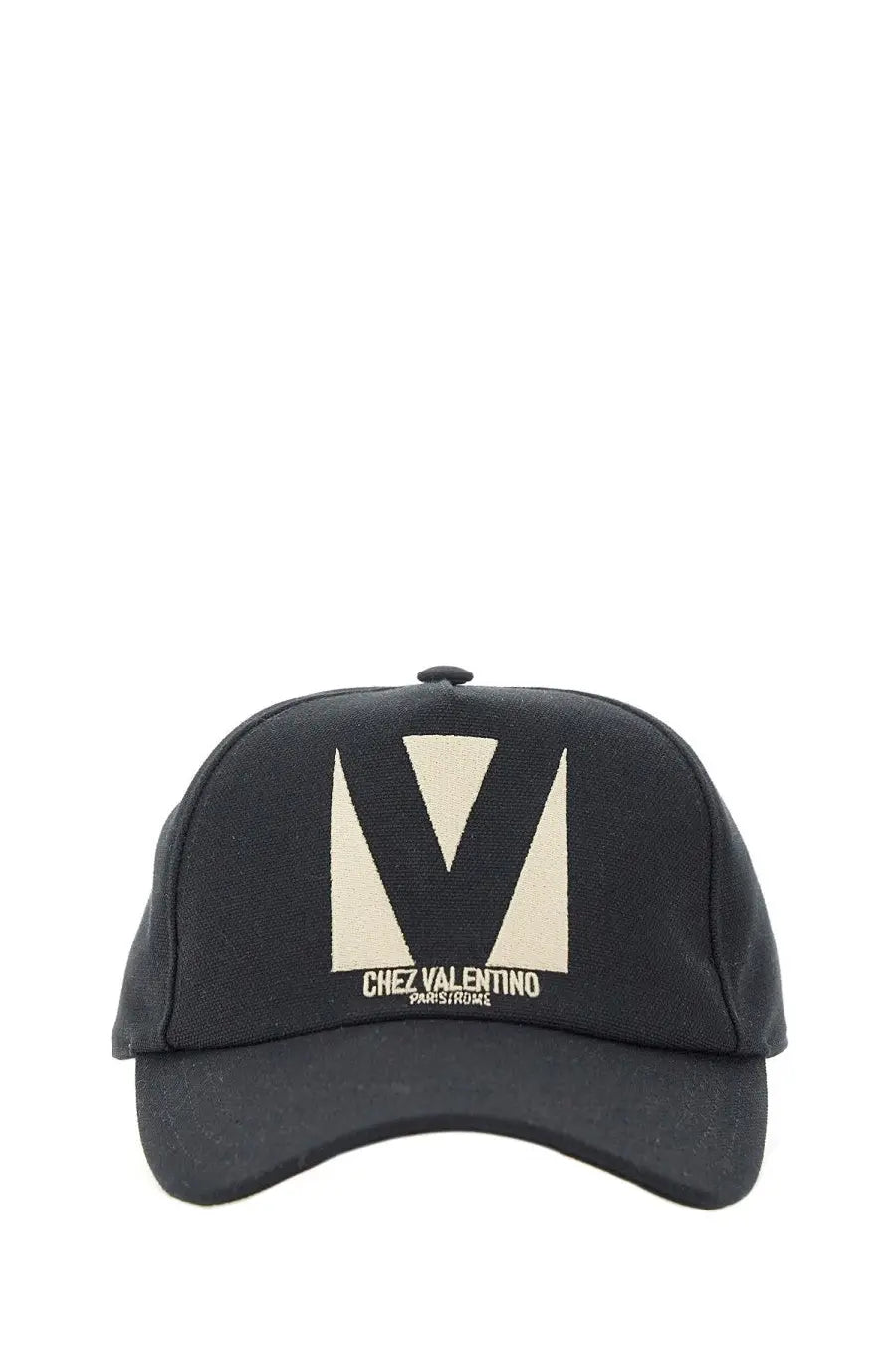Valentino women’s black baseball hat featuring a cream v logo and chez valentino paris rome embroidery