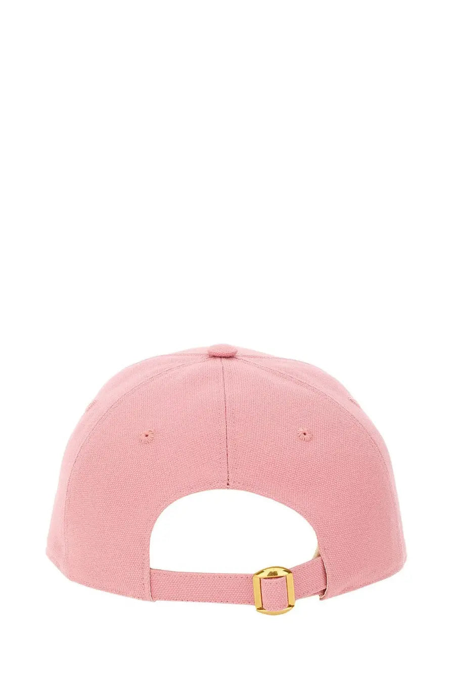 Pink canvas baseball cap with gold tone plastic buckle shown from the back for valentino women’s chez valentine hat blue