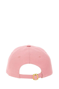 Pink canvas baseball cap with gold tone plastic buckle shown from the back for valentino women’s chez valentine hat blue