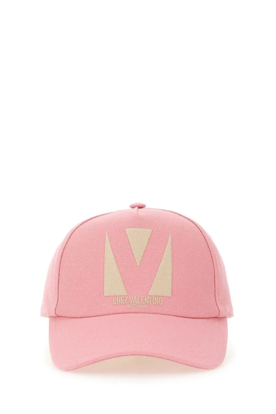 Valentino women’s pink baseball cap with beige embroidered v logo and chez valentino text