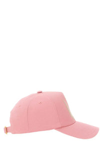 Valentino women’s chez valentine baseball hat blue showing back with pink textured fabric and gold-tone adjustable strap