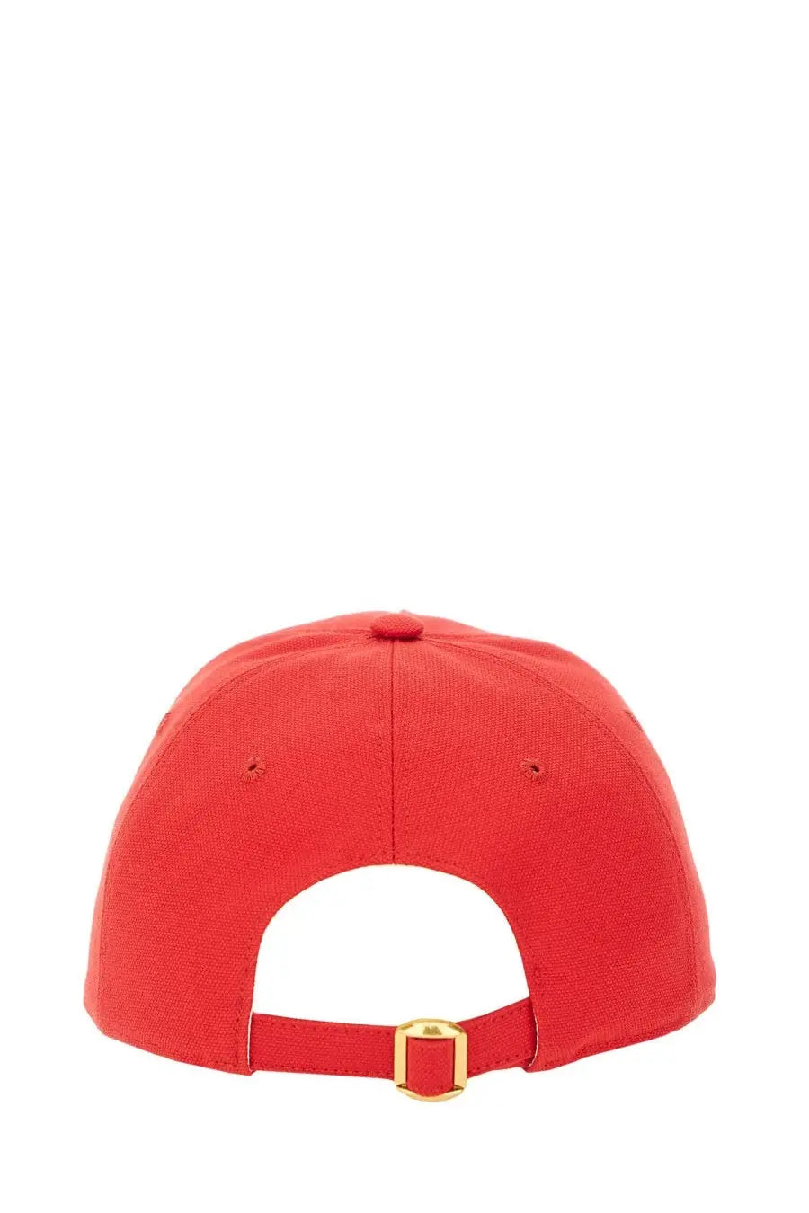 Red valentino women’s baseball hat with gold-tone buckle and adjustable strap shown from the back side
