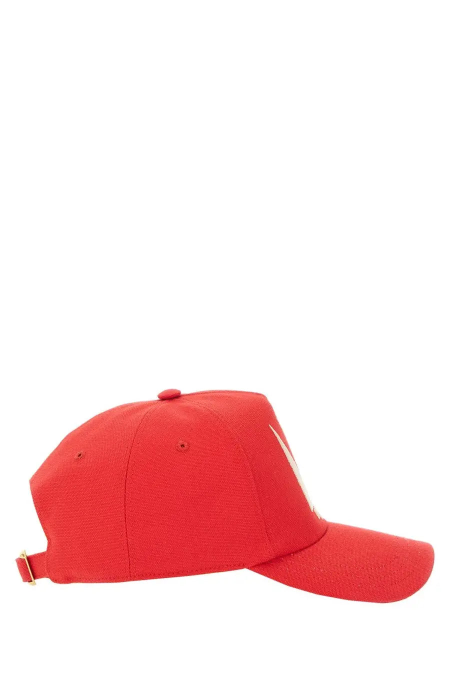 Valentino womens chez valentine red baseball hat with white logo on side and gold adjustable strap shown from back