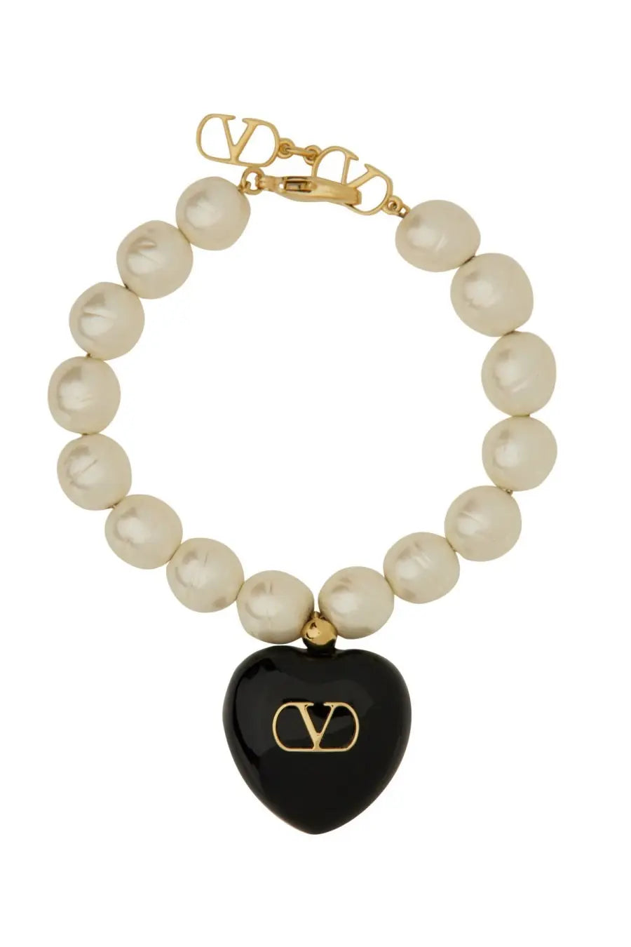 Valentino Women’s Coeur Royal bracelet featuring a black heart pendant with a gold-tone logo and cream pearl strand