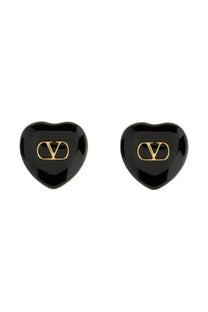 Valentino womens coeur royal black heart-shaped stud earrings with glossy finish and gold-tone logo
