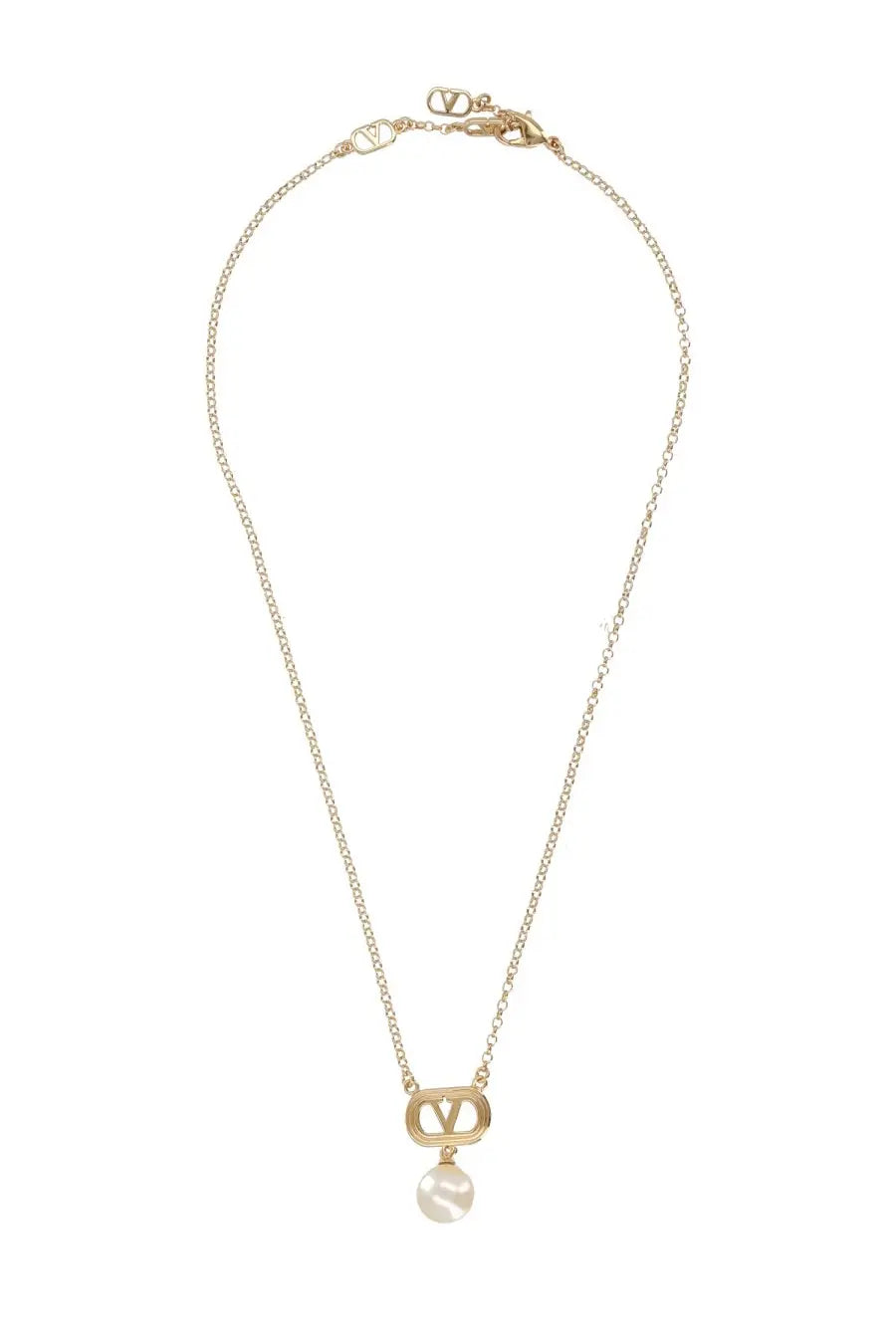 Valentino women’s gold-tone chain necklace with rectangular v logo pendant and single pearl drop in collana ovalette style