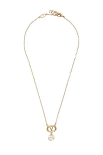 Valentino women’s gold-tone chain necklace with rectangular v logo pendant and single pearl drop in collana ovalette style