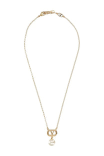 Valentino women’s gold-tone chain necklace with rectangular pendant featuring v logo and single white pearl charm