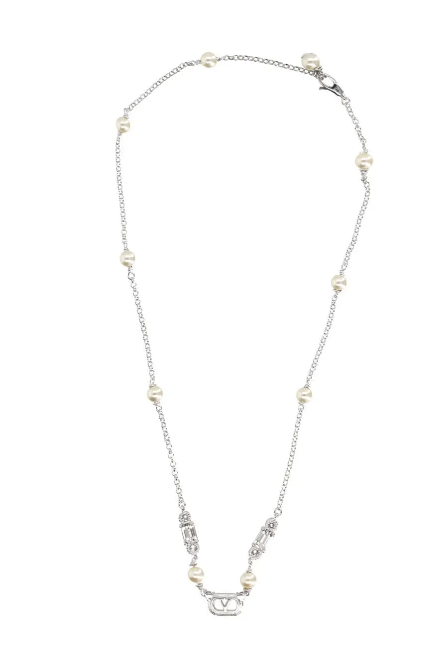 Valentino women’s collana ovalette silver chain necklace with white pearls and crystal-embellished valentino logo pendant