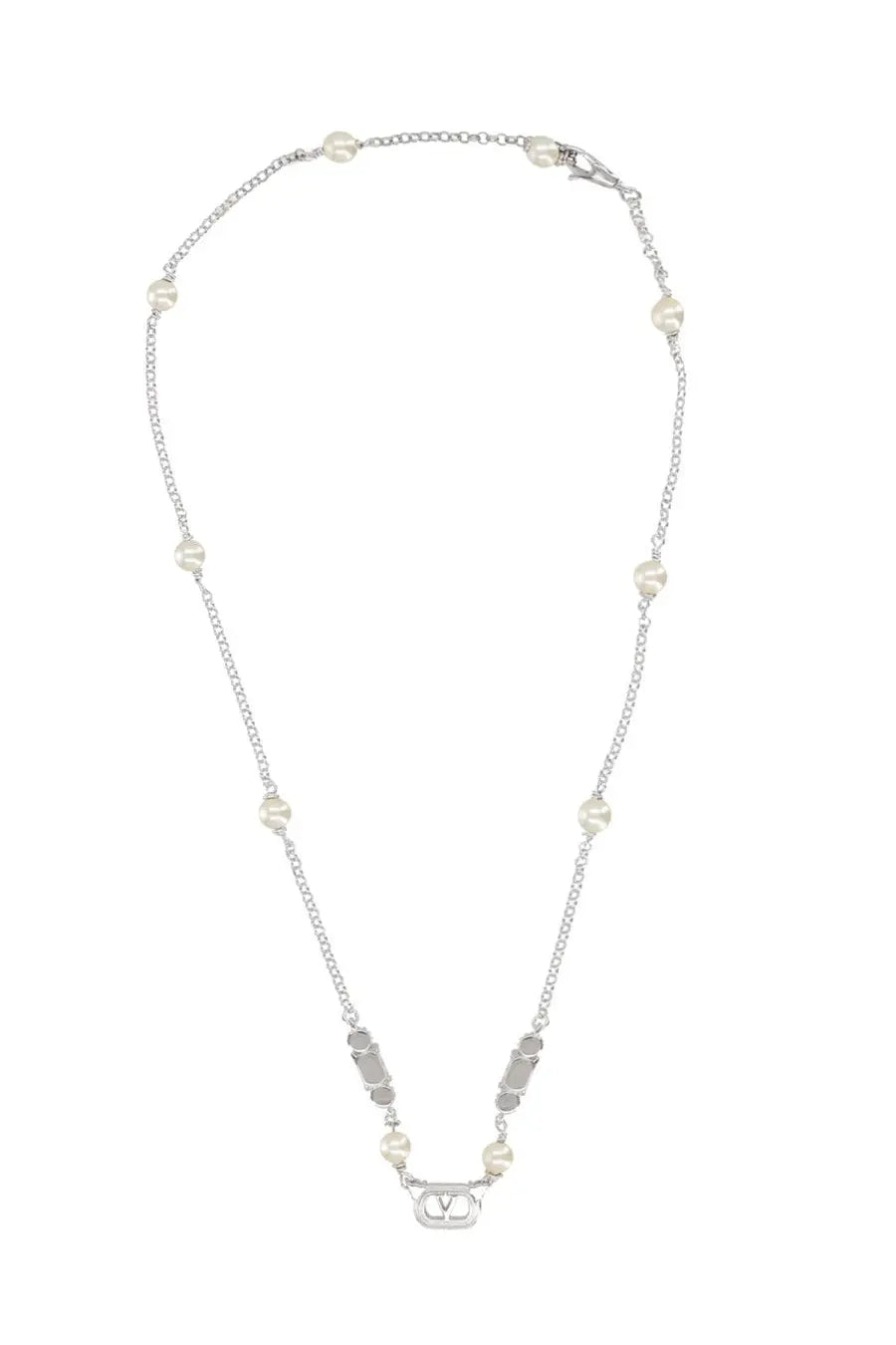 Valentino women’s collana ovalette silver chain necklace with white pearls rectangular metallic links and logo pendant