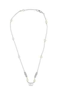 Valentino women’s collana ovalette silver chain necklace with white pearls rectangular metallic links and logo pendant