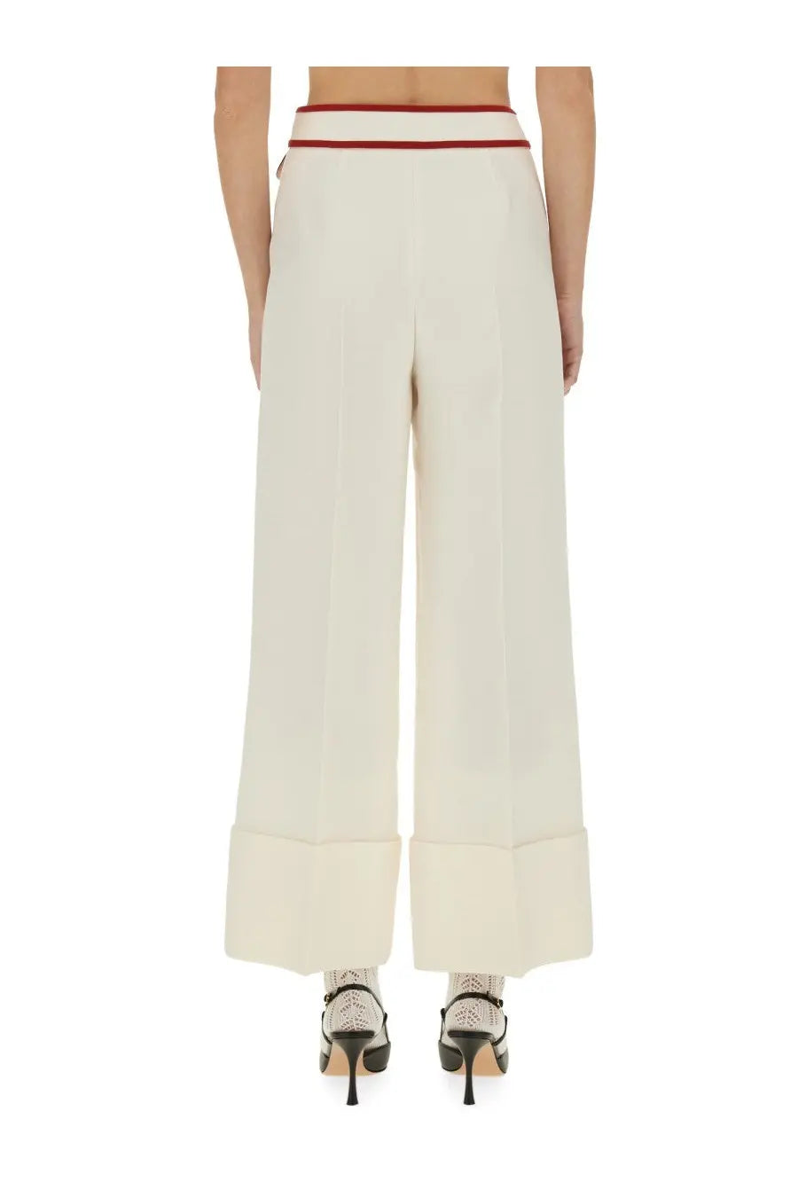 Valentino women’s cream crepe wide-leg trousers with red-trimmed waistband and rolled cuffs